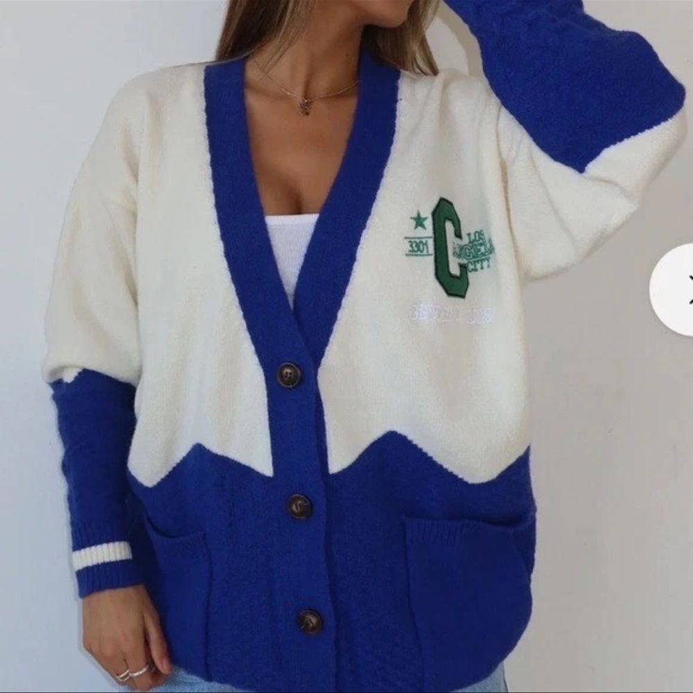 Beverly Hills Los Angeles oversized w/pockets cardigan women M blue cream green
